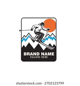 Retro Skiabenteuer Badge Design mit Berglandschaft