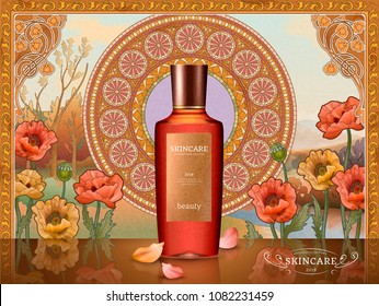 Retro skin care product ads with bottle isolated on poppy flower and decorative mosaic art background