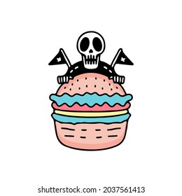 Retro skull and burger cartoon. illustration for t shirt, poster, logo, sticker, or apparel merchandise.