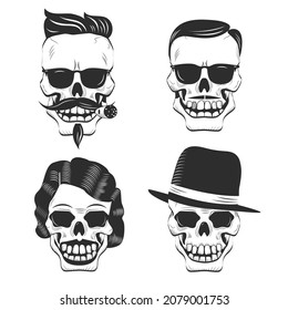 Retro skull characters with different haircuts, mustaches,hat,cigar. Isolated black silhouettes, emblems, icons, labels
