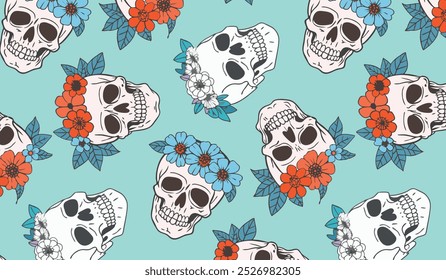 Retro Skull Floral Pattern on Blue Background, vibrant red and blue flower crowns