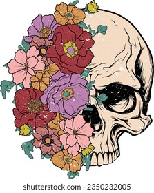 Retro skull flowers, Flower with skull, Skull t shirt design.