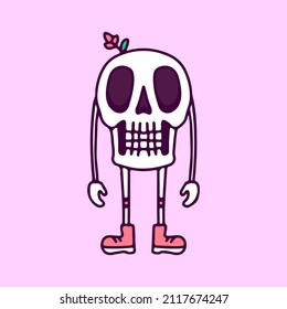 Retro Skull with flowers and sneakers, illustration for t-shirt, poster, sticker, or apparel merchandise. With cartoon style.