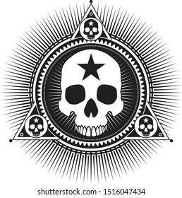 Retro skull graphic. Triangle, circle, gear and stars surround skull. Skull design for logo or t-shirt.