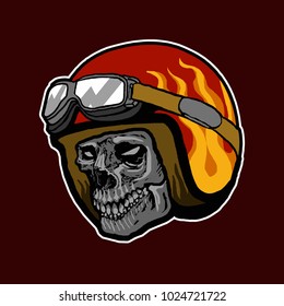 retro skull helmet fire red background