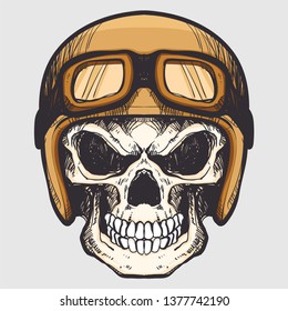 retro skull with helmet hand drawn glasses