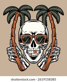 A retro skull illustration featuring sunglasses and palm trees, ideal for distinctive summer or tropical themes