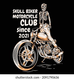 retro skull illustration standing on custom motorcycle