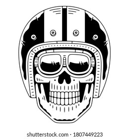 Retro skull in moto helmet. Vintage emblem. Authentic skeleton logo.