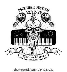 Retro skull and piano or synthesizer vector illustration. Monochrome dead head for live music festival sign. Rock and roll concept can be used for retro template, banner or poster