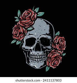 retro skull and roses illustration