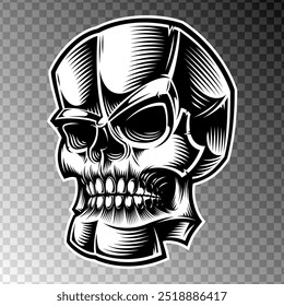 Retro skull in three-quarter view, not symmetrical, it looks obliquely with its eye sockets. Vector drawing is originally stylized as engraving, woodcut and ink hatching for emblem, sticker or mascot