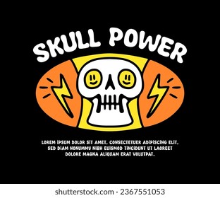 Retro skull and thunder with skull power text, illustration for logo, t-shirt, sticker, or apparel merchandise. With doodle, retro, groovy, and cartoon style.