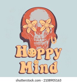 retro skull vector illustration with slogan hippies daisy flower smiley face