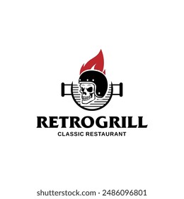 Retro skull vector logo design on a hot grill. Useful for vintage restaurant symbols