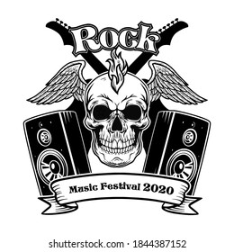 Retro skull, wings and guitars vector illustration. Black advertising label for rock music festival. Entertainment and event concept can be used for retro template, banner or poster