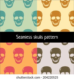 Retro skulls seamless pattern, 4 color set. Vector 