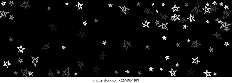 Retro Sky Art Dark Monochrome Bright Handdrawn Stars. Naive Kids Chaotic Night Grey Childish Stars Gray Stars Background. Simple White Black Childish Art Naive White Handdrawn Picture.