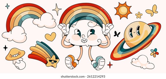 Retro sky mascots set isolated on white background. Vector cartoon illustration of groovy cloud, rainbow, planet, mushroom, star characters smiling and flying, cute y2k emoji, vintage design elements