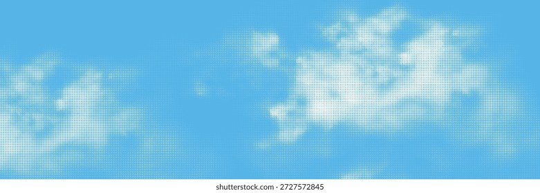 Patrón de cielo retro en textura de papel envejecido con nubes de semitono raster. Cielo abstracto azul de lunares en estilo de Ilustración vectorial vintage.