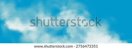 Retro sky pattern on aged paper texture with raster halftone clouds. Polka dot blue abstract sky in vintage vector illustration style.