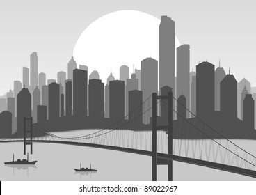 Retro skyscraper city bridge landscape background illustration