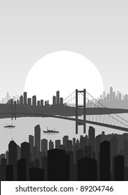 Retro skyscraper city bridge landscape background illustration