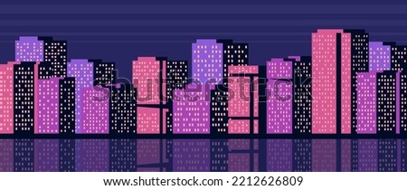 Retro skyscrapers with illuminated windows in the night city view. Horizontal flat illustration of a row of tall buildings on a dark sky background.