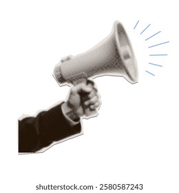 Retro sleeved hand holding Halftone megaphone, loudspeaker. Advertising speaker collage in retro style. Vector torn out sticker