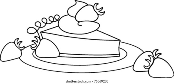 Retro Slice of Strawberry Pie on a Plate Black and White Outlined