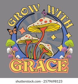 Retro slogan Bloom with Grace, with rainbow and hippie flowers. Colorful vector illustration and lettering in vintage style. 70s 60s nostalgic poster or