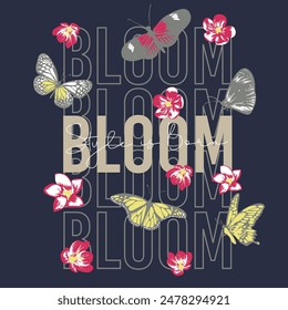 Retro slogan Bloom, with hippie flowers. Colorful lettering in vintage style.