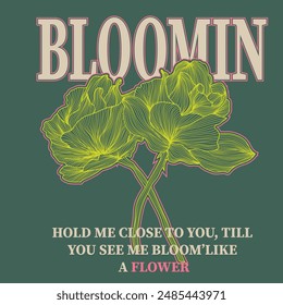 Retro slogan Bloom, with hippie flowers. Colorful lettering in vintage style.