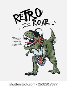 slogan retrô com dinossauro cartoon ouvindo a ilustração vetor cassette player
