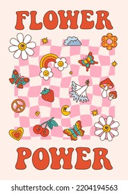 Slogan retro Flor Power, con elementos distorsionados de tablero de ajedrez y groovía. Ilustración vectorial colorida en estilo vintage. Afiche o tarjeta de los años 60, estampado de camisetas