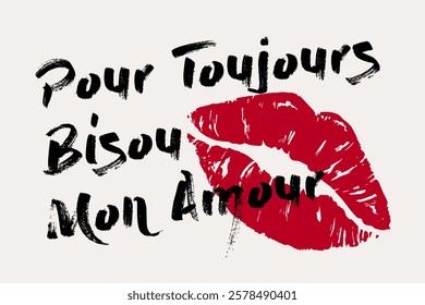 RETRO SLOGAN GRAPHIC, FRENCH WORD “ Pour Toujours Bisou� Mon Amour� ” MEANS “ Forever Kiss My Love ”IN ENGLISH WITH RED LIPSTICK KISS ,VECTOR, VINTAGE POSTER DESIGN