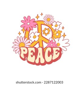 Retro slogan Peace, with peace symbol and hippie flowers. Colorful vector illustration