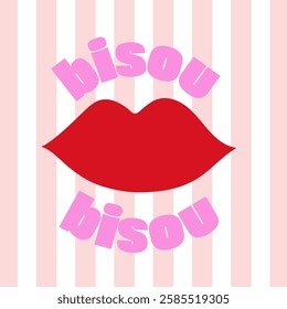 Retro slogan vector t shirt print design. Red lips pink stripes.