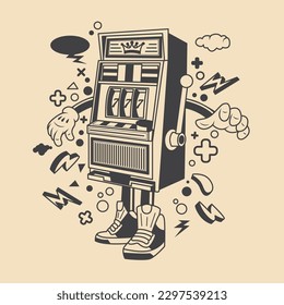 Retro Slot Machine Cartoon Character Vector Illustration