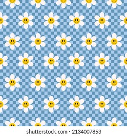 Retro small checkerboard groovy seamless pattern with smiling flowers on a blue background. Cute colorful trendy vector illustration in style 70s, 80s	