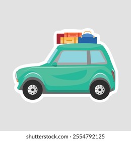 Retro Small Travel Car Vector Illustration Sticker. A vintage travel car loaded with luggage, evoking nostalgic road trip vibes. Ideal for holiday and adventure-themed projects