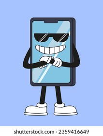 Retro smartphone sticker concept. Back to 80s and 90s.Happy weird character in sunglasses. Template, layout and mock up. Cartoon flat vector illustration isolated on blue background