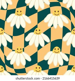 Retro Smile Chamomile Seamless Pattern on 1970 Wavy Swirl Seamless Pattern. Hippie Aesthetic. Floral wallpaper