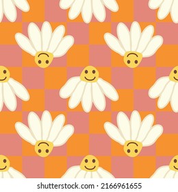 Retro Smile Chamomile Seamless Pattern on 1970 Wavy Swirl Seamless Pattern. Hippie Aesthetic. Floral wallpaper