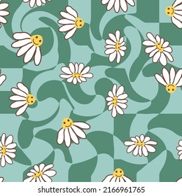 Retro Smile Chamomile Seamless Pattern on 1970 Wavy Swirl Pattern. Hippie Aesthetic
