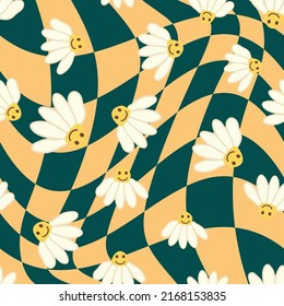 Retro Smile Chamomile Seamless Pattern on 1970 Wavy Swirl Seamless Pattern. Hippie Aesthetic. Floral wallpaper