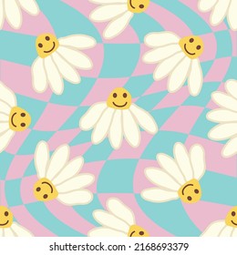 Retro Smile Chamomile Seamless Pattern on 1970 Wavy Swirl Seamless Pattern. Hippie Aesthetic. Floral wallpaper