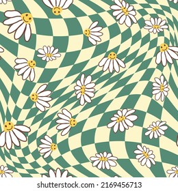 Retro Smile Chamomile Seamless Pattern on 1970 Wavy Swirl Pattern. Hippie Aesthetic