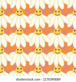 Retro Smile Chamomile Seamless Pattern on 1970 Wavy Swirl Seamless Pattern. Hippie Aesthetic. Floral wallpaper