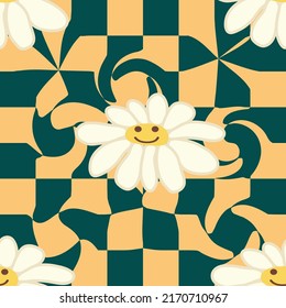 Retro Smile Chamomile Seamless Pattern on 1970 Wavy Swirl Seamless Pattern. Hippie Aesthetic. Floral wallpaper